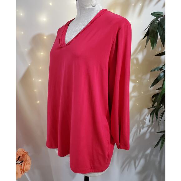 Talbots NWT Womens Pleated V-Neck 3/4 Sleeve Top Plus Size 2X Hot Pink Stretch - Picture 2 of 9